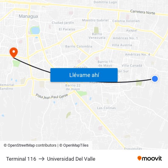 Terminal 116 to Universidad Del Valle map