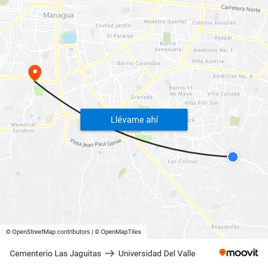 Cementerio Las Jaguitas to Universidad Del Valle map