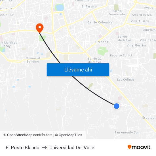 El Poste Blanco to Universidad Del Valle map