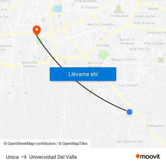 Unica to Universidad Del Valle map