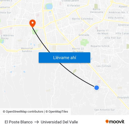 El Poste Blanco to Universidad Del Valle map