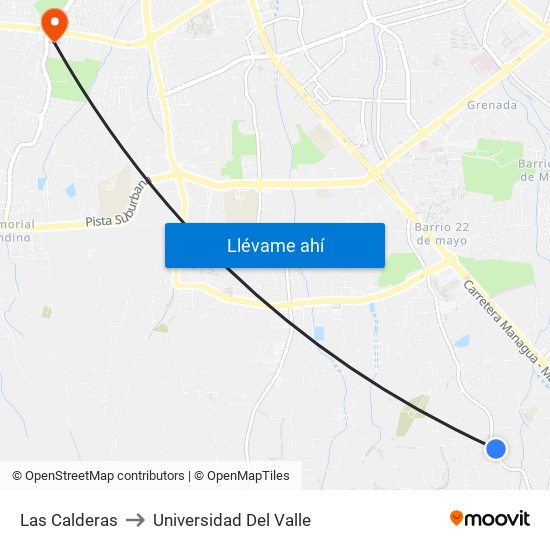 Las Calderas to Universidad Del Valle map