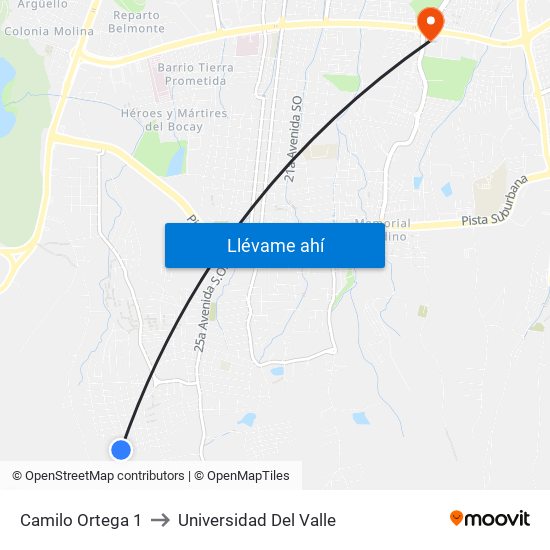 Camilo Ortega 1 to Universidad Del Valle map