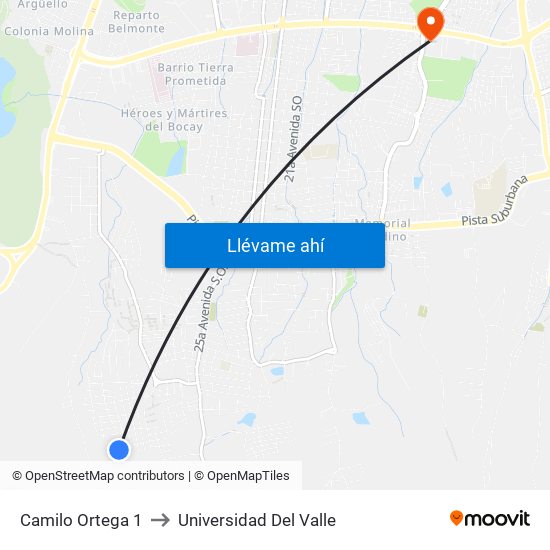 Camilo Ortega 1 to Universidad Del Valle map