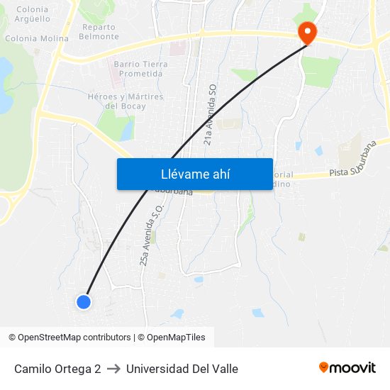Camilo Ortega 2 to Universidad Del Valle map