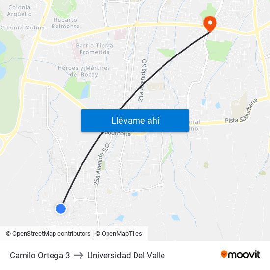 Camilo Ortega 3 to Universidad Del Valle map