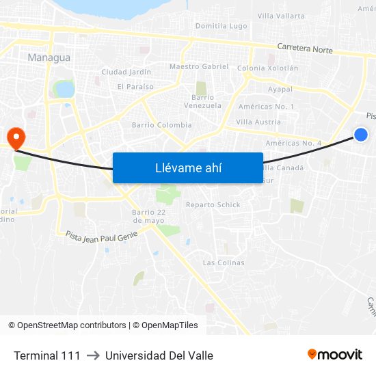 Terminal 111 to Universidad Del Valle map