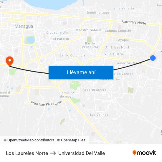 Los Laureles Norte to Universidad Del Valle map