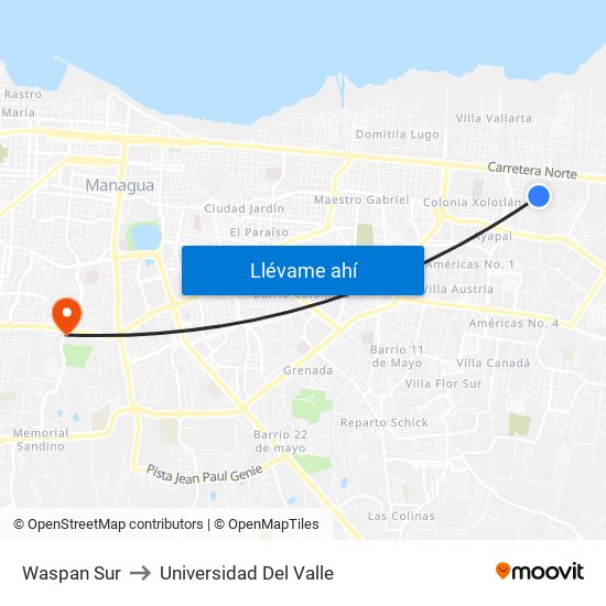 Waspan Sur to Universidad Del Valle map