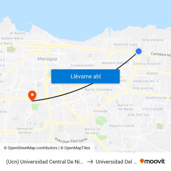 (Ucn) Universidad Central De Nicaragua to Universidad Del Valle map