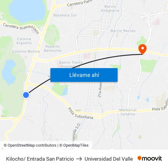 Kilocho/ Entrada San Patricio to Universidad Del Valle map