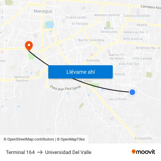 Terminal 164 to Universidad Del Valle map