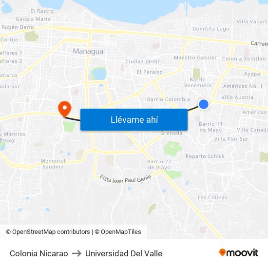 Colonia Nicarao to Universidad Del Valle map