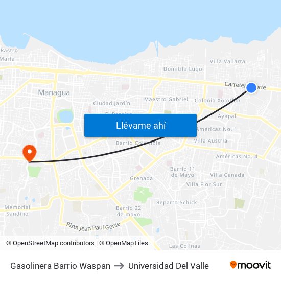 Gasolinera Barrio Waspan to Universidad Del Valle map