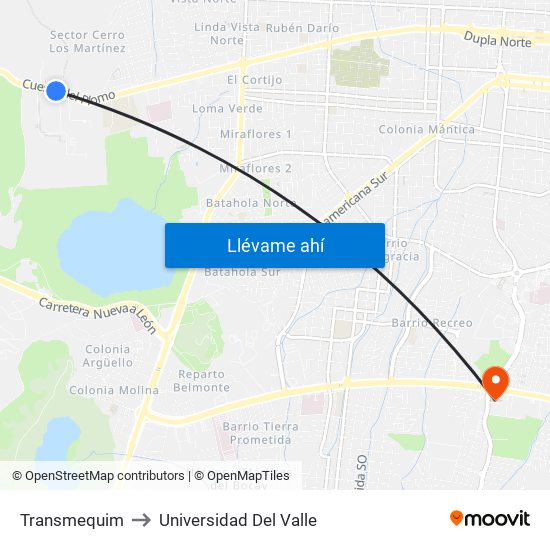 Transmequim to Universidad Del Valle map