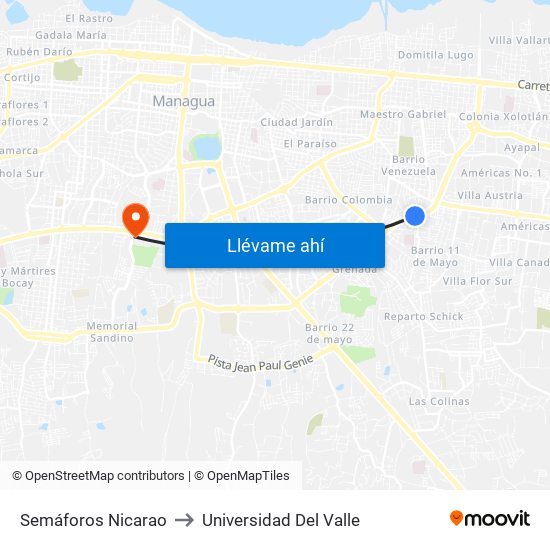 Semáforos Nicarao to Universidad Del Valle map