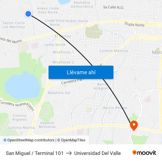 San Miguel / Terminal 101 to Universidad Del Valle map