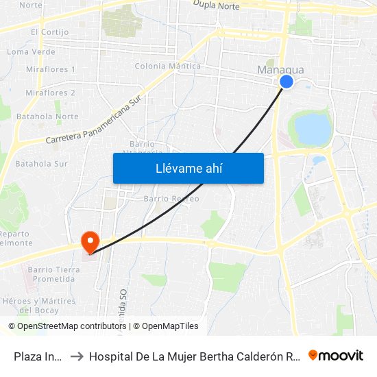 Plaza Inter to Hospital De La Mujer Bertha Calderón Roque map