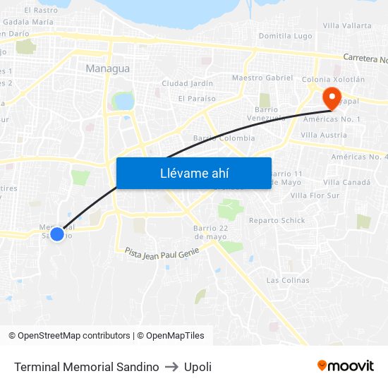 Terminal Memorial Sandino to Upoli map