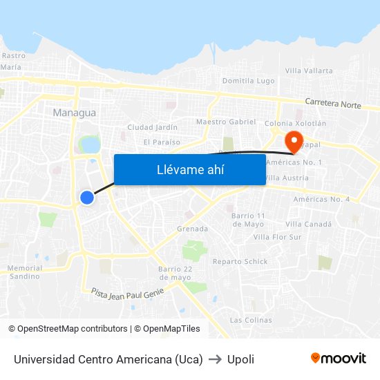 Universidad Centro Americana (Uca) to Upoli map