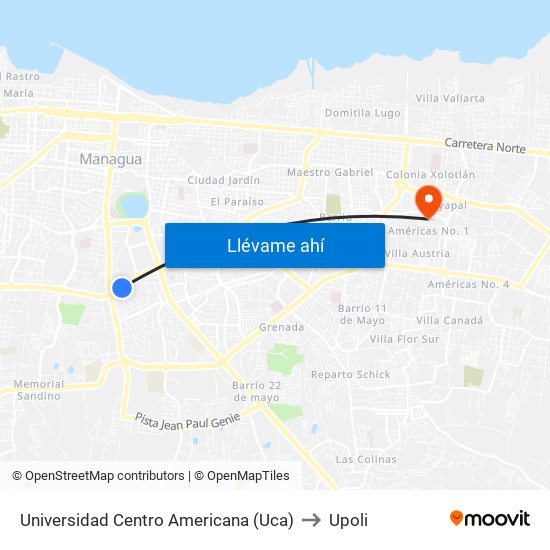Universidad Centro Americana (Uca) to Upoli map