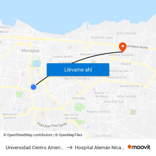 Universidad Centro Americana (Uca) to Hospital Alemán Nicaragüense map