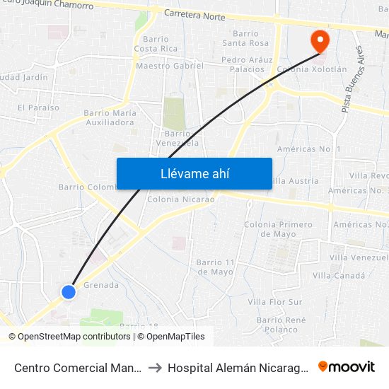 Centro Comercial Managua to Hospital Alemán Nicaragüense map