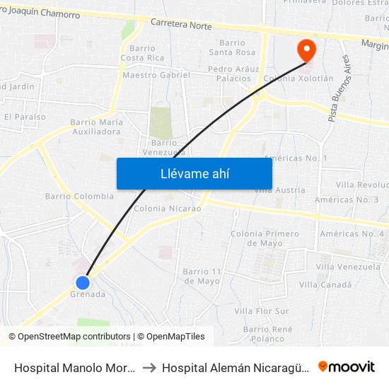 Hospital Manolo Morales to Hospital Alemán Nicaragüense map