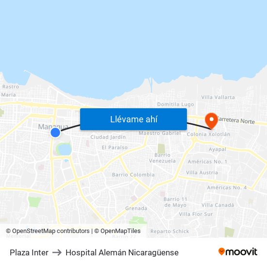 Plaza Inter to Hospital Alemán Nicaragüense map