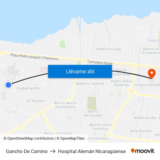 Gancho De Camino to Hospital Alemán Nicaragüense map