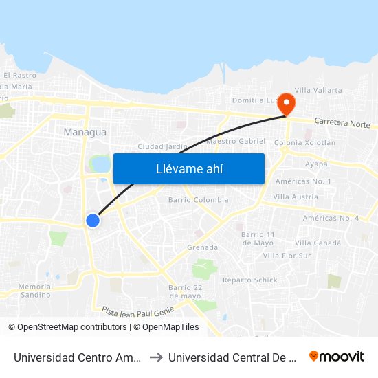 Universidad Centro Americana (Uca) to Universidad Central De Nicaragua Ucn map