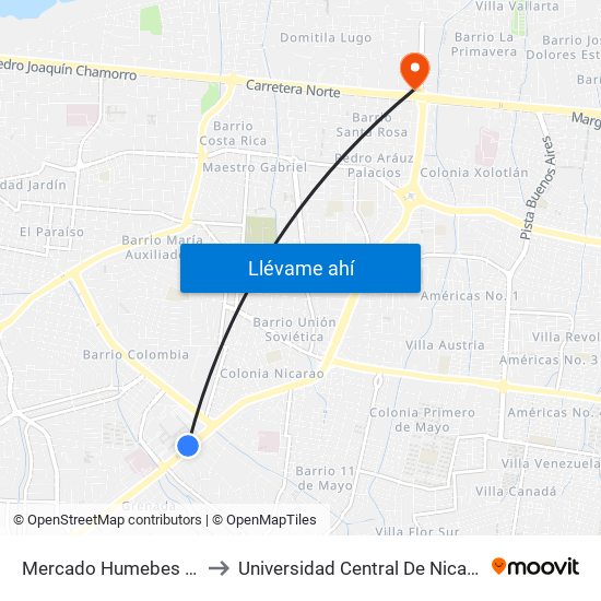 Mercado Humebes Sureste to Universidad Central De Nicaragua Ucn map