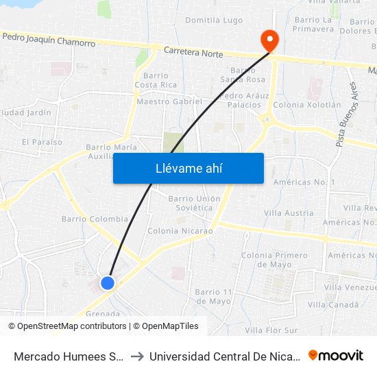 Mercado Humees Suroeste to Universidad Central De Nicaragua Ucn map
