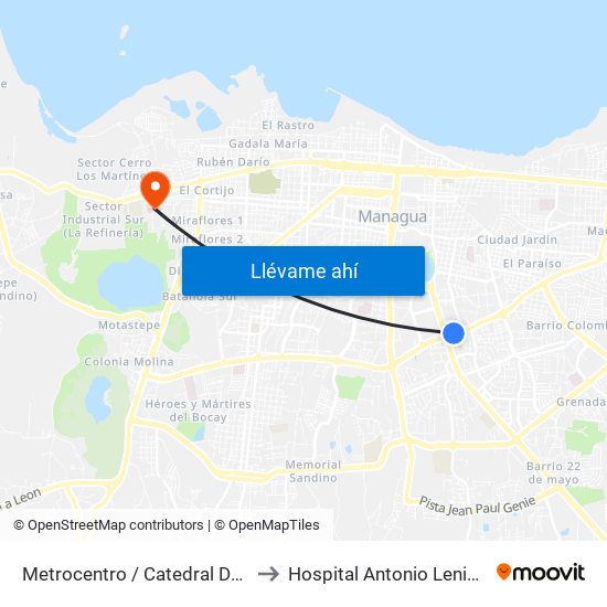 Metrocentro / Catedral De Managua to Hospital Antonio Lenin Fonseca map