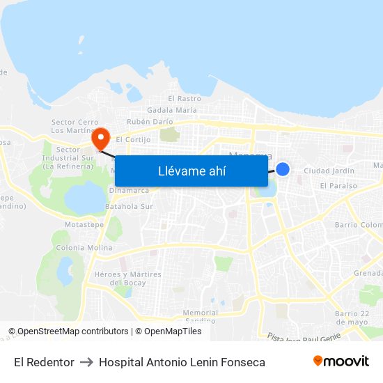 El Redentor to Hospital Antonio Lenin Fonseca map