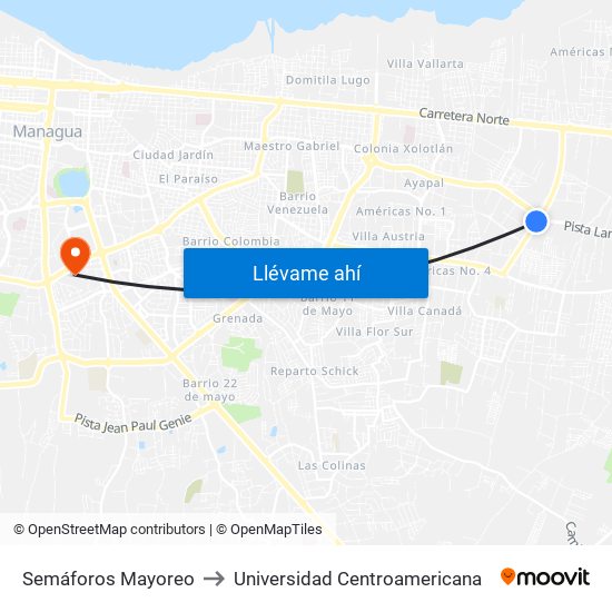 Semáforos Mayoreo to Universidad Centroamericana map