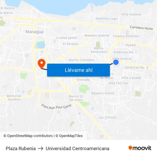 Plaza Rubenia to Universidad Centroamericana map