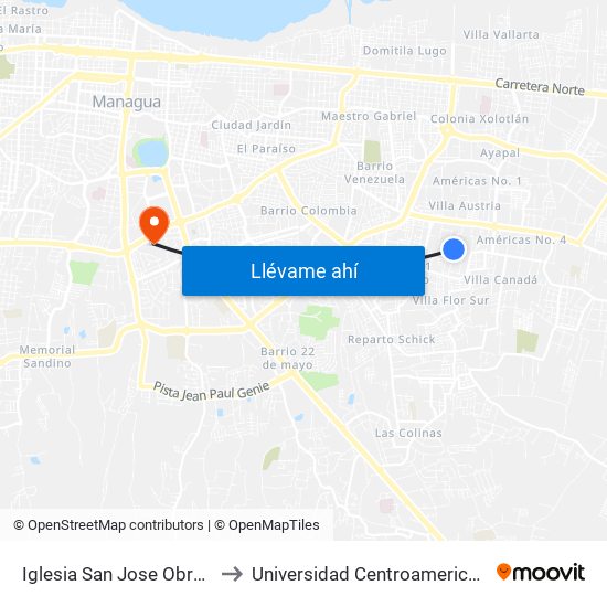 Iglesia San Jose Obrero to Universidad Centroamericana map