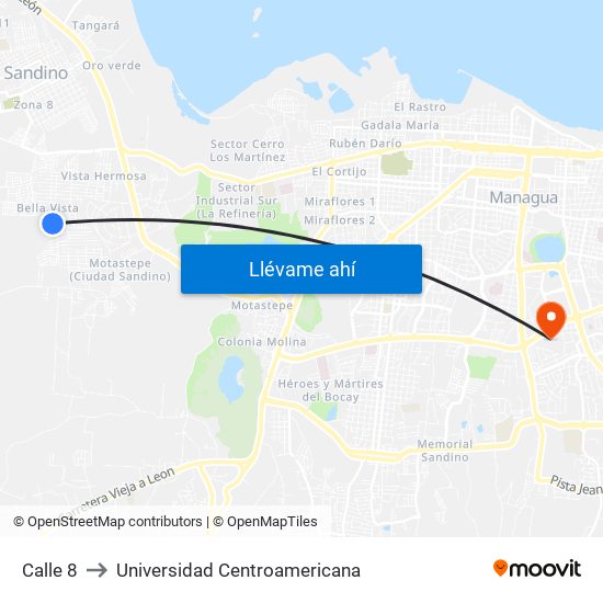 Calle 8 to Universidad Centroamericana map