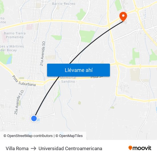 Villa Roma to Universidad Centroamericana map