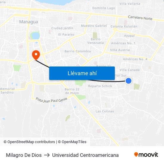 Milagro De Dios to Universidad Centroamericana map