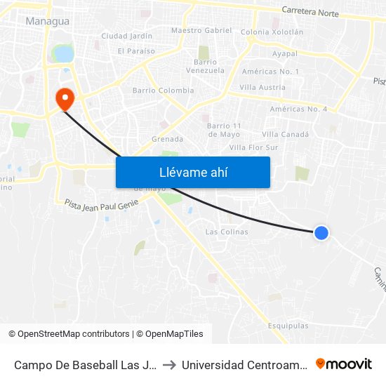 Campo De Baseball Las Jaguitas to Universidad Centroamericana map