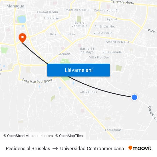 Residencial Bruselas to Universidad Centroamericana map