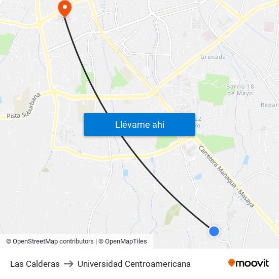 Las Calderas to Universidad Centroamericana map