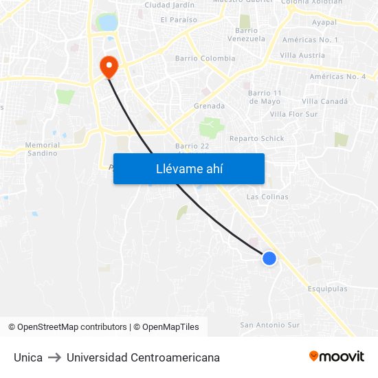 Unica to Universidad Centroamericana map