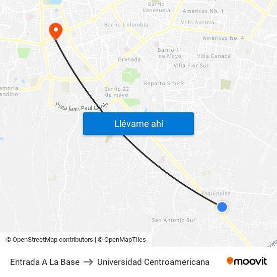 Entrada A La Base to Universidad Centroamericana map