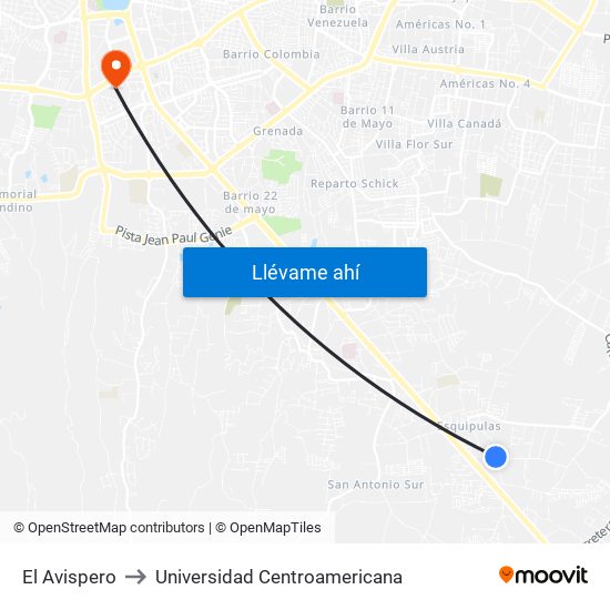 El Avispero to Universidad Centroamericana map