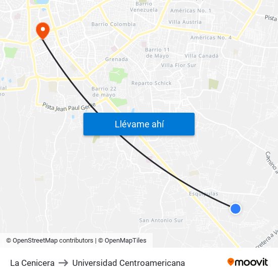 La Cenicera to Universidad Centroamericana map