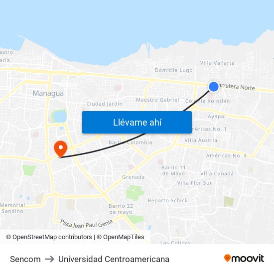 Sencom to Universidad Centroamericana map