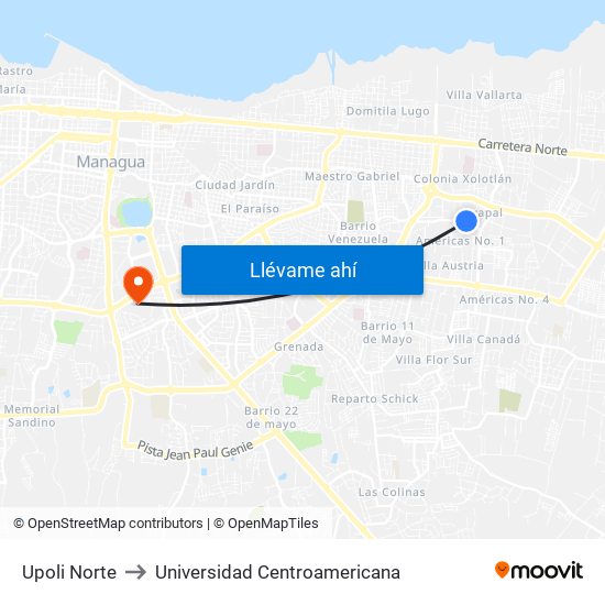 Upoli Norte to Universidad Centroamericana map